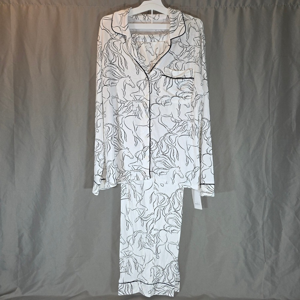 Auden Cloud Knit Pajama Set White Black Horse Print Long Sleeve Pants M
